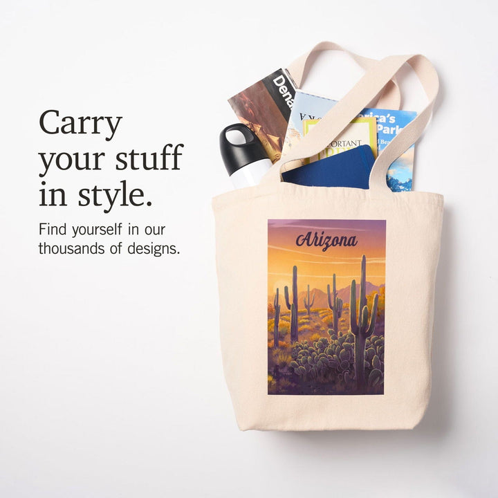 Arizona, Oil Painting, Cactus and Golden Sunset, Tote Bag Totes Lantern Press 