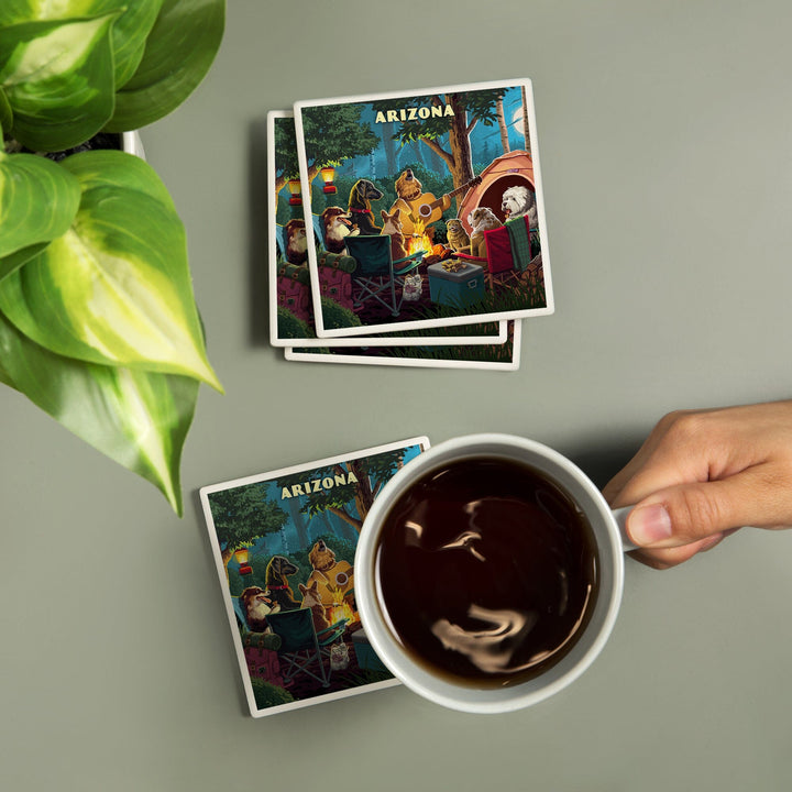 Arizona, Painterly, Pack Life, Dogs Around Campfire, Coasters Coasters Lantern Press 