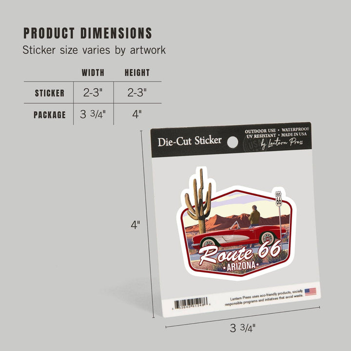 Arizona, Route 66, Classic Car with Red Rocks, Contour, Vinyl Sticker Sticker Lantern Press 