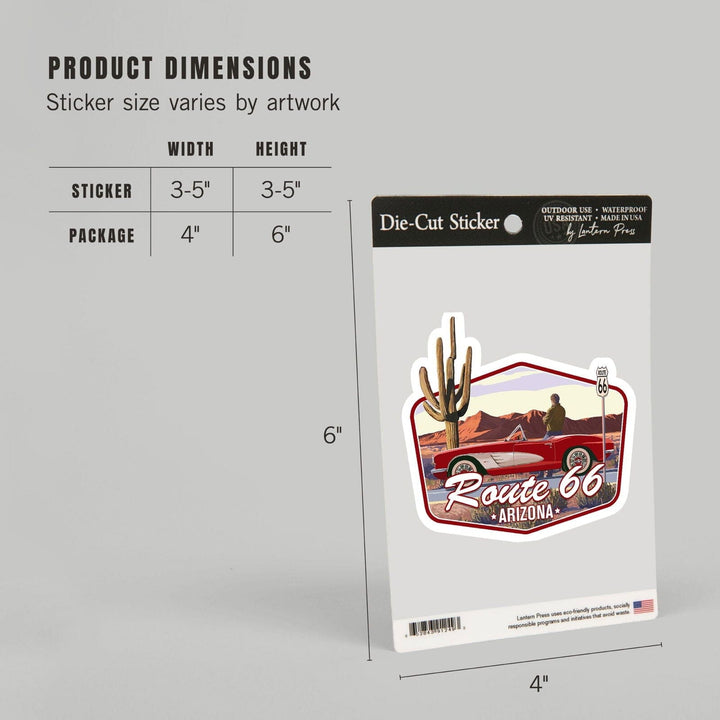 Arizona, Route 66, Classic Car with Red Rocks, Contour, Vinyl Sticker Sticker Lantern Press 