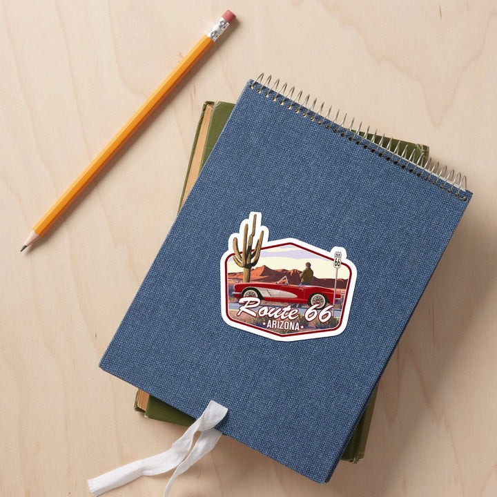 Arizona, Route 66, Classic Car with Red Rocks, Contour, Vinyl Sticker Sticker Lantern Press 
