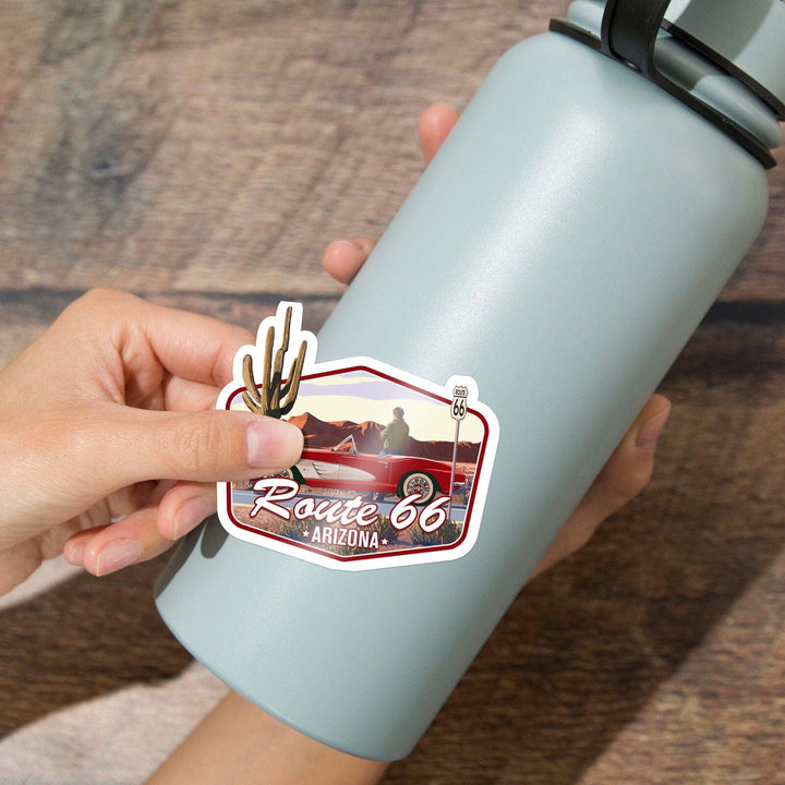 Arizona, Route 66, Classic Car with Red Rocks, Contour, Vinyl Sticker Sticker Lantern Press 
