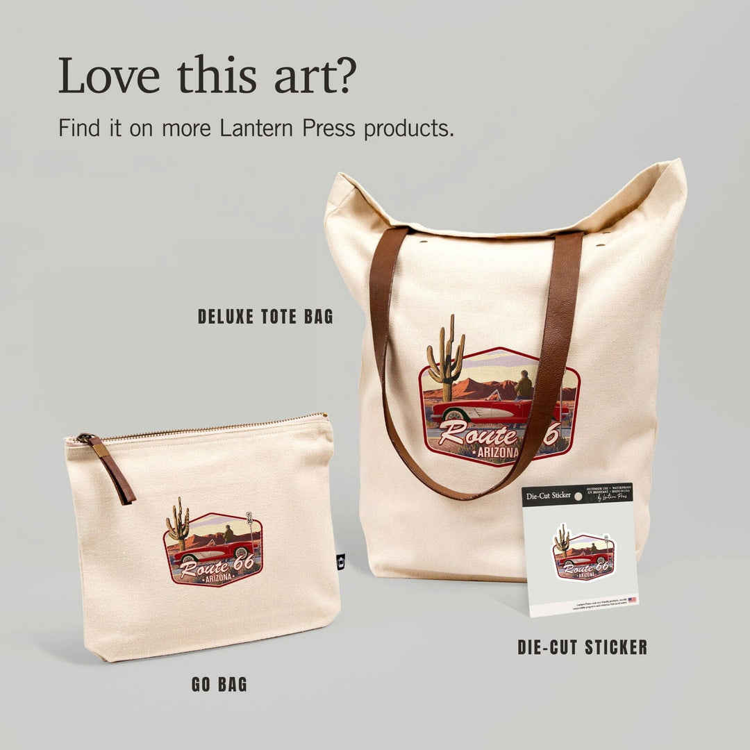 Arizona, Route 66, Classic Car with Red Rocks, Contour, Vinyl Sticker Sticker Lantern Press 