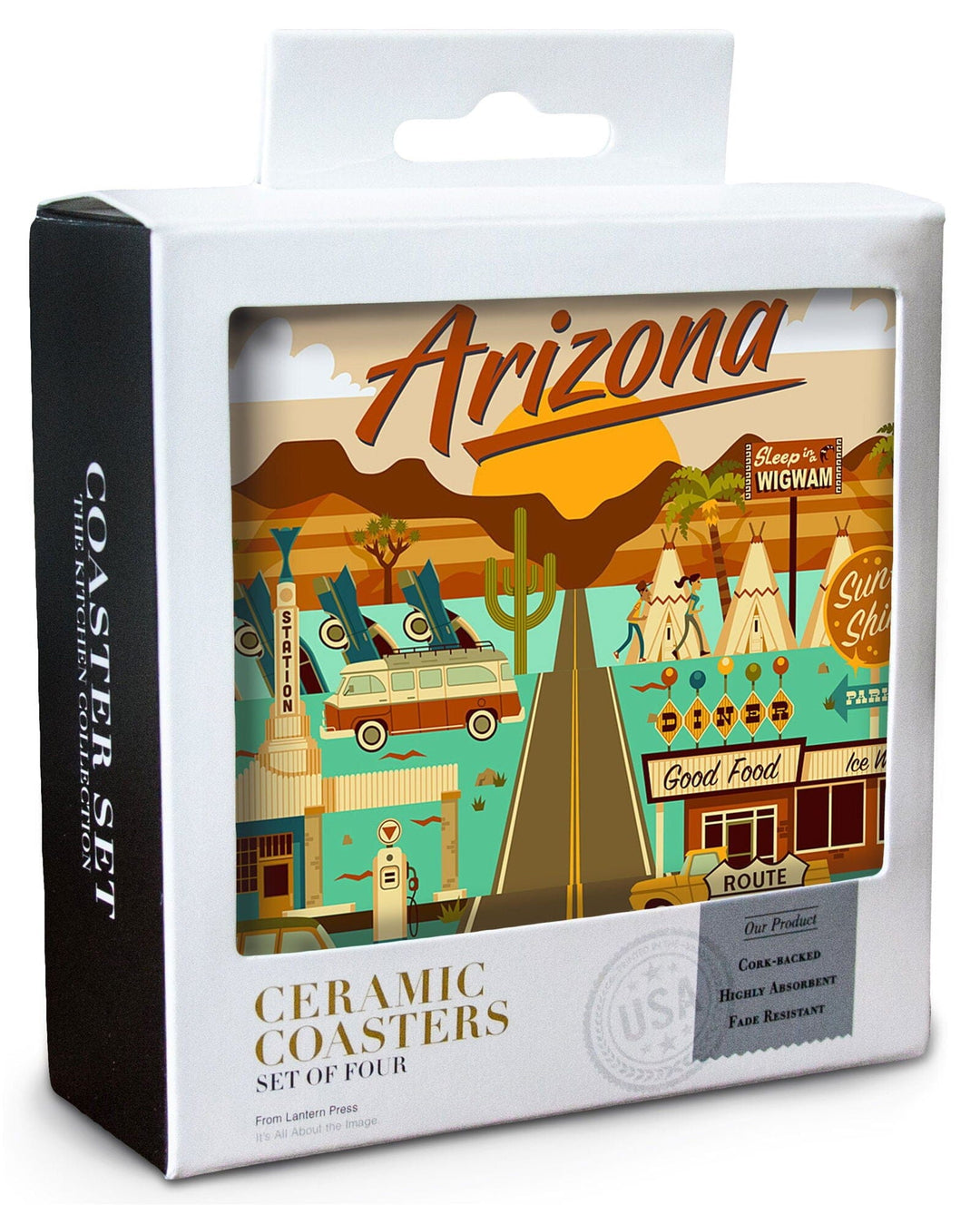 Arizona, Route 66, Geometric, Lantern Press Artwork, Coaster Set Coasters Lantern Press 