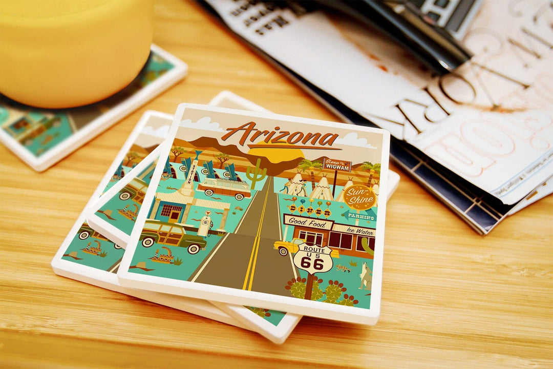 Arizona, Route 66, Geometric, Lantern Press Artwork, Coaster Set Coasters Lantern Press 