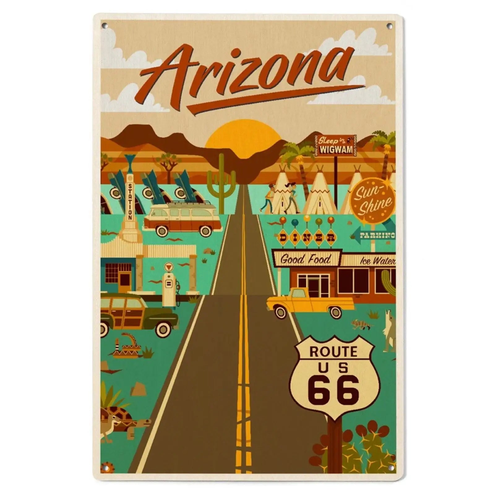 Arizona, Route 66, Geometric, Lantern Press Artwork, Wood Signs and Po