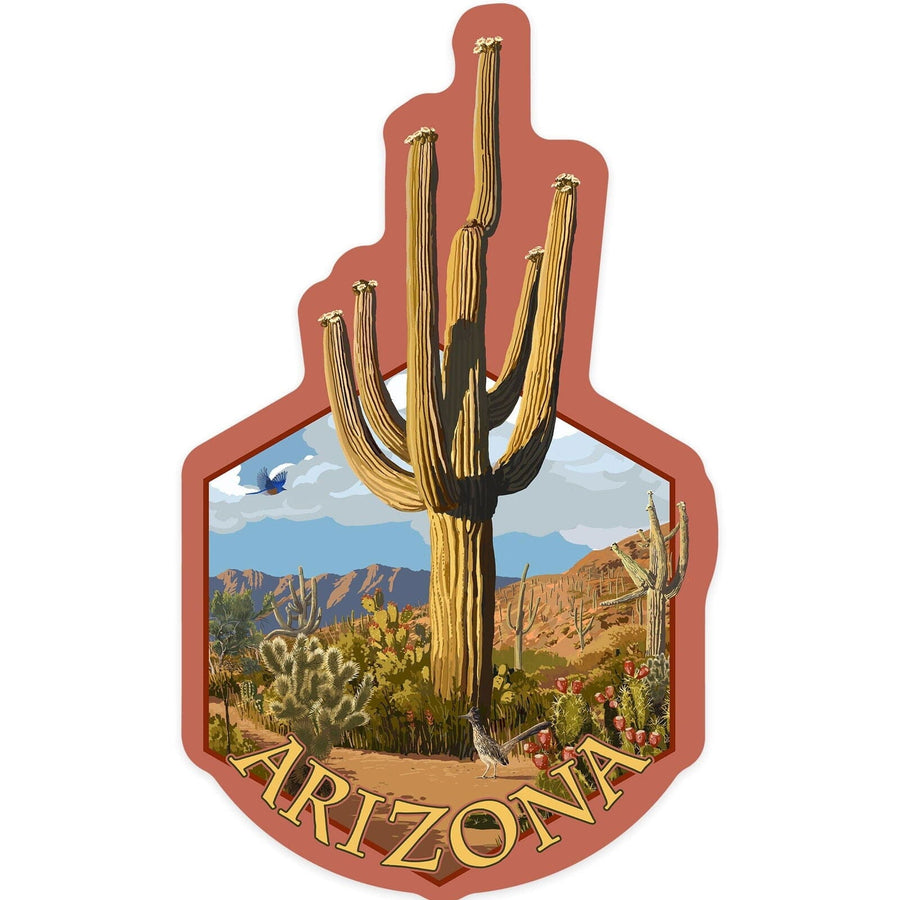 Arizona, Saguaro Cactus Scene, Contour, Vinyl Sticker Sticker Lantern Press 