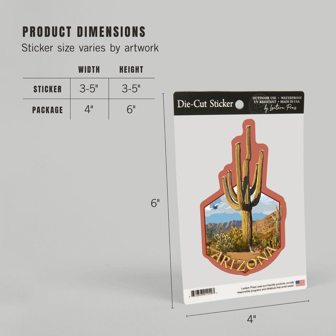 Arizona, Saguaro Cactus Scene, Contour, Vinyl Sticker Sticker Lantern Press 