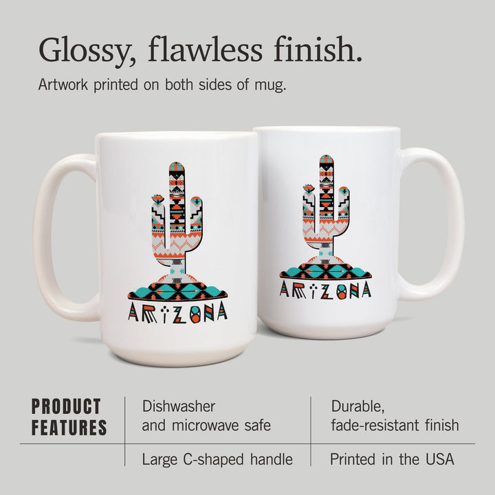 Arizona, Saguaro Cactus, Tribal Pattern, Contour, Lantern Press Artwork, Ceramic Mug Mugs Lantern Press 