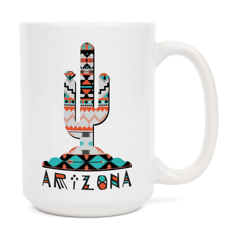 Arizona, Saguaro Cactus, Tribal Pattern, Contour, Lantern Press Artwork, Ceramic Mug Mugs Lantern Press 