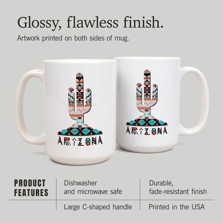 Arizona, Saguaro Cactus, Tribal Pattern, Contour, Lantern Press Artwork, Ceramic Mug Mugs Lantern Press 