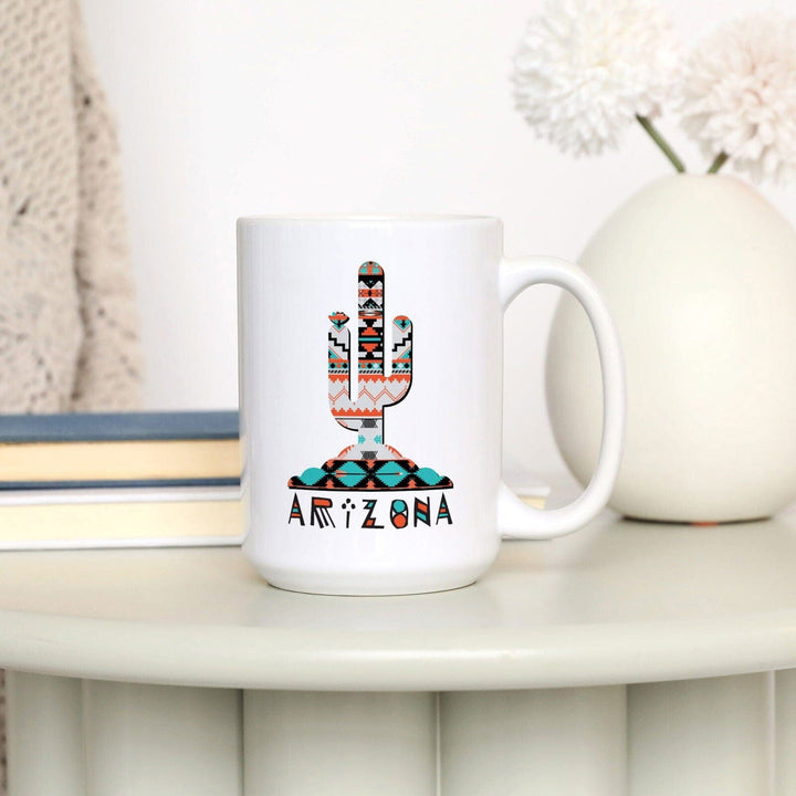 Arizona, Saguaro Cactus, Tribal Pattern, Contour, Lantern Press Artwork, Ceramic Mug Mugs Lantern Press 