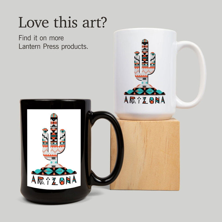 Arizona, Saguaro Cactus, Tribal Pattern, Contour, Lantern Press Artwork, Ceramic Mug Mugs Lantern Press 