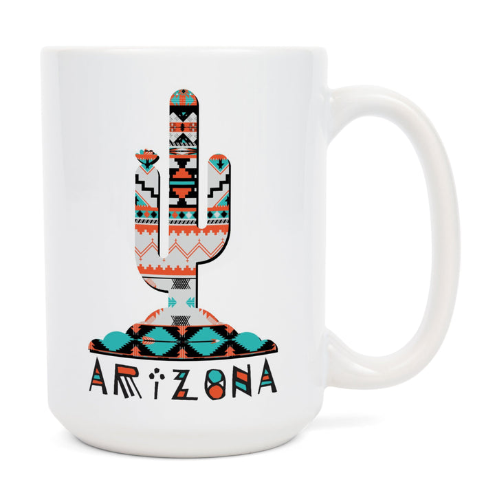 Arizona, Saguaro Cactus, Tribal Pattern, Contour, Lantern Press Artwork, Ceramic Mug Mugs Lantern Press 