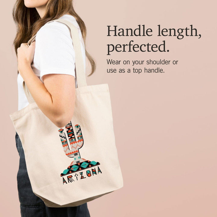 Arizona, Saguaro Cactus, Tribal Pattern, Contour, Lantern Press Artwork, Tote Bag Totes Lantern Press 