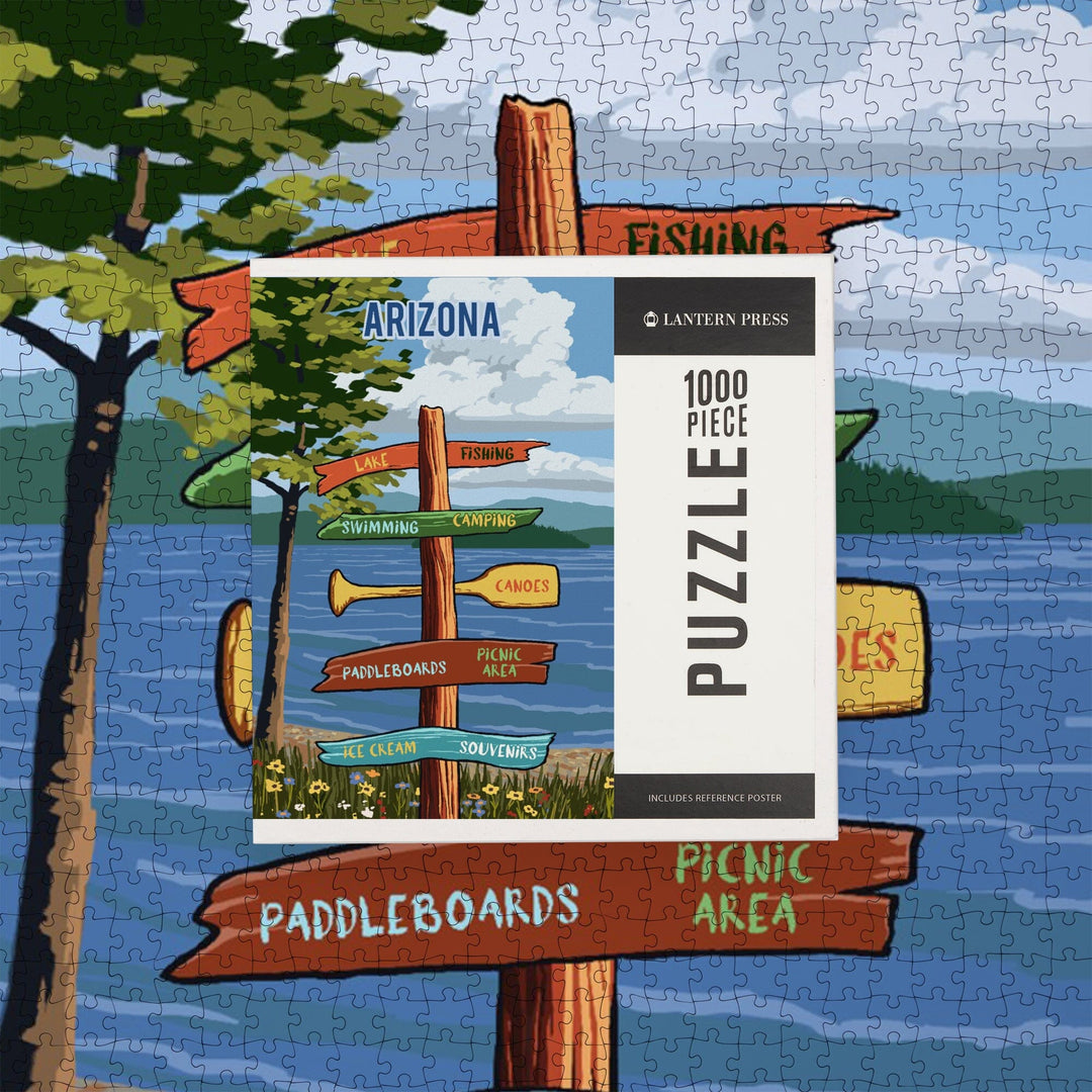 Arizona, Signpost, Lake and Flowers, Jigsaw Puzzle Puzzle Lantern Press 