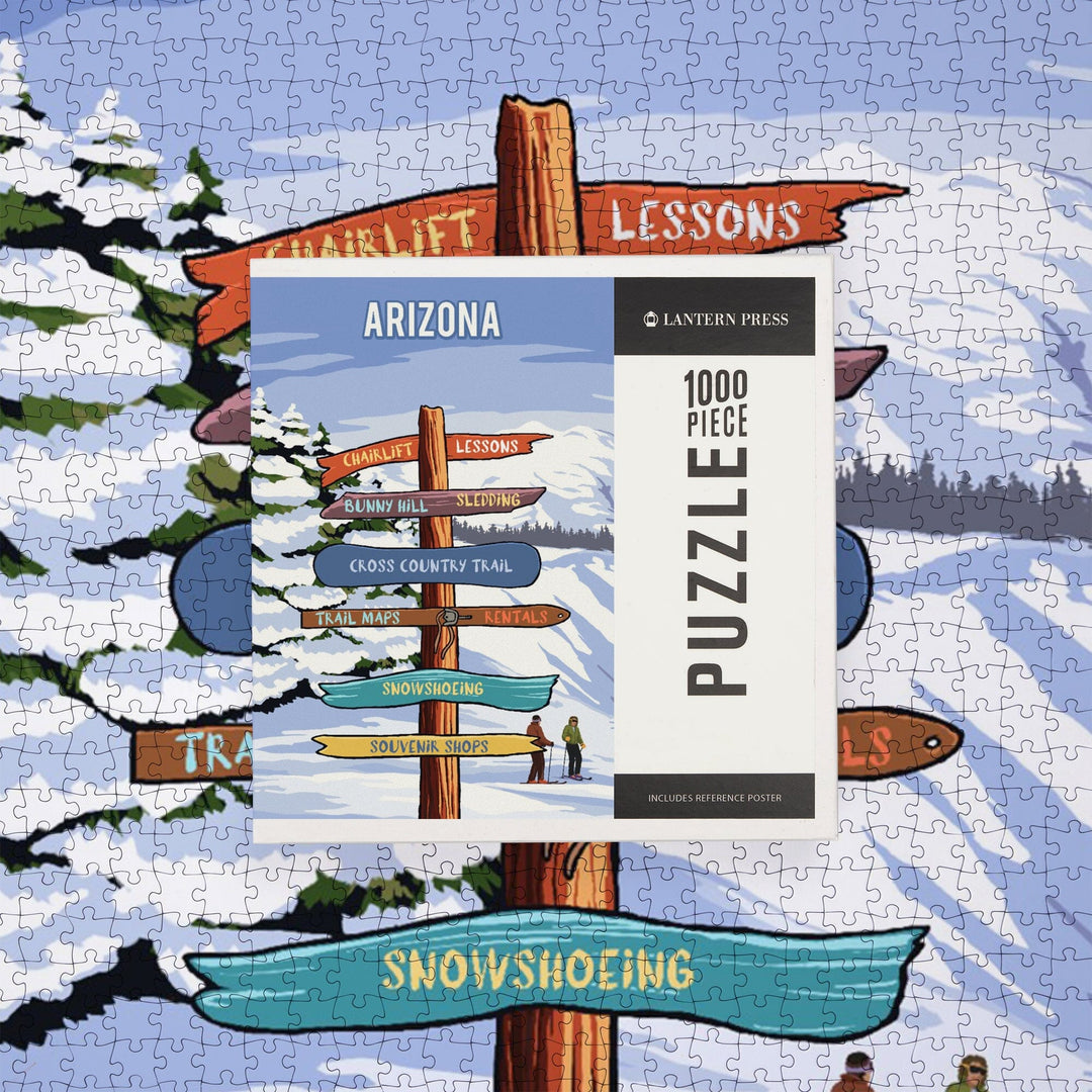 Arizona, Signpost, Ski and Snow, Jigsaw Puzzle Puzzle Lantern Press 