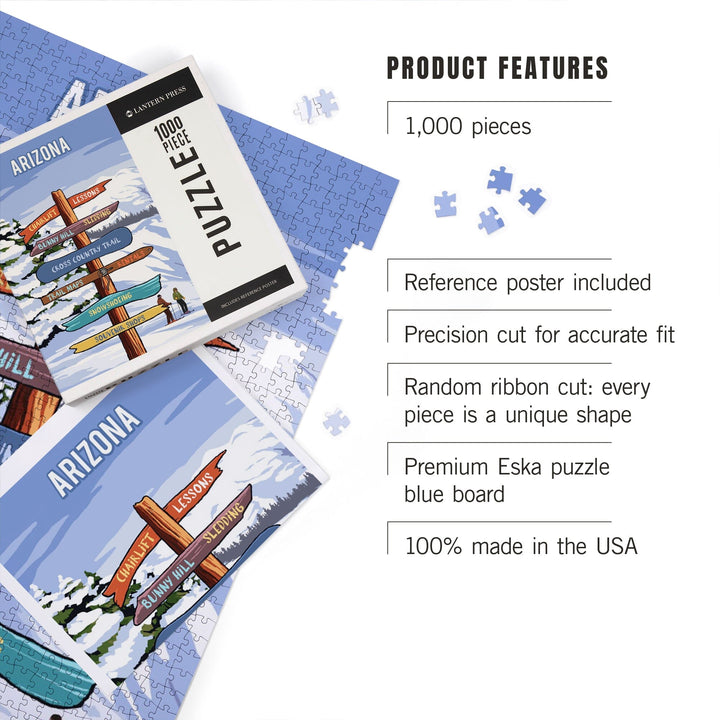 Arizona, Signpost, Ski and Snow, Jigsaw Puzzle Puzzle Lantern Press 