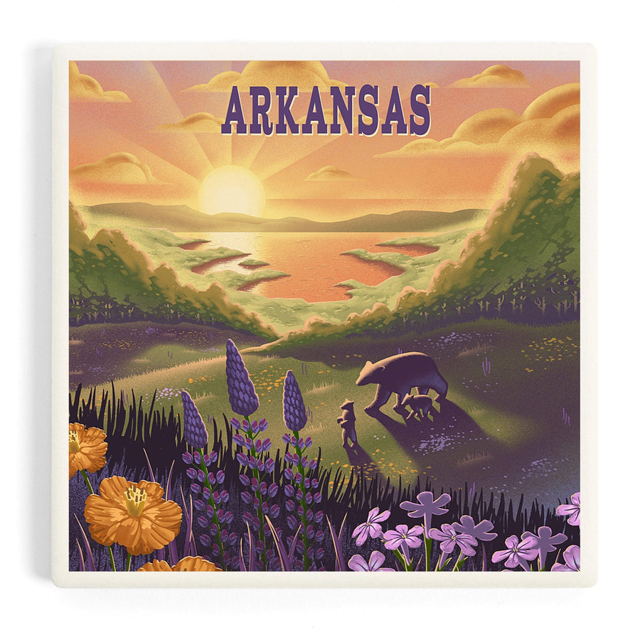 Arkansas, Lithograph, Bear and Spring Flowers, Lake, Coasters Coasters Lantern Press 