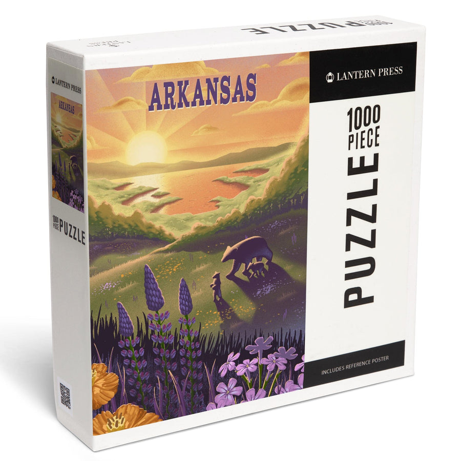 Arkansas, Lithograph, Bear and Spring Flowers, Lake, Jigsaw Puzzle Puzzle Lantern Press 