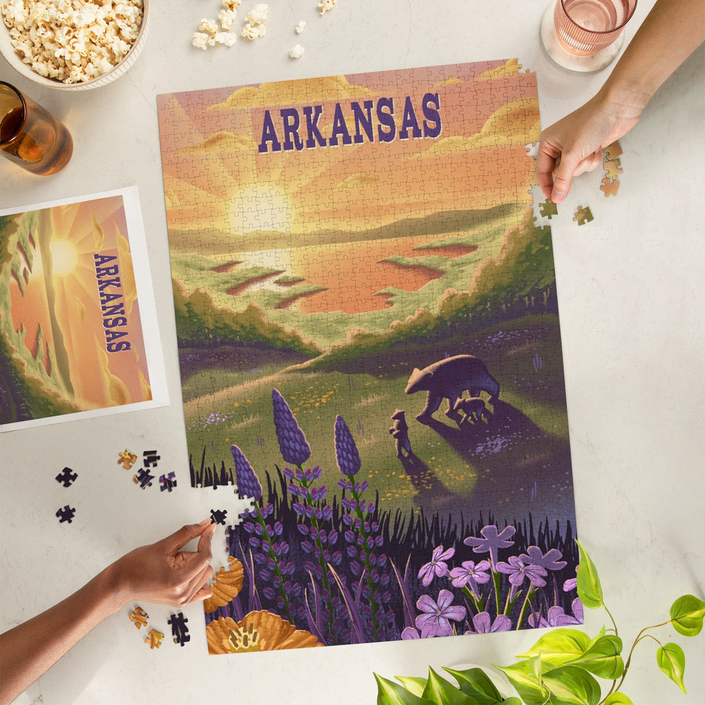 Arkansas, Lithograph, Bear and Spring Flowers, Lake, Jigsaw Puzzle Puzzle Lantern Press 