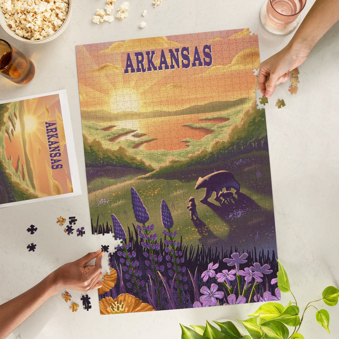 Arkansas, Lithograph, Bear and Spring Flowers, Lake, Jigsaw Puzzle Puzzle Lantern Press 