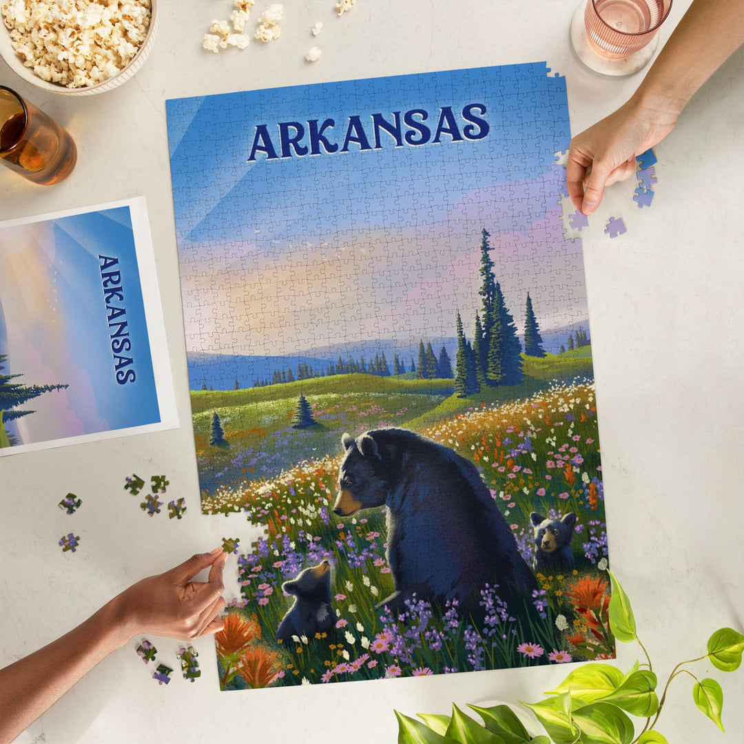 Arkansas, Lithograph, Bear Family in Field, Jigsaw Puzzle Puzzle Lantern Press 