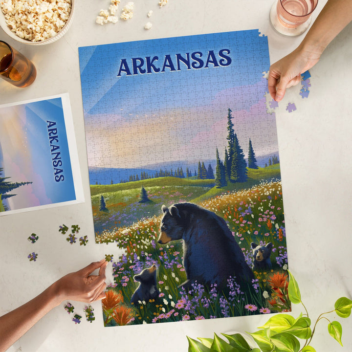 Arkansas, Lithograph, Bear Family in Field, Jigsaw Puzzle Puzzle Lantern Press 