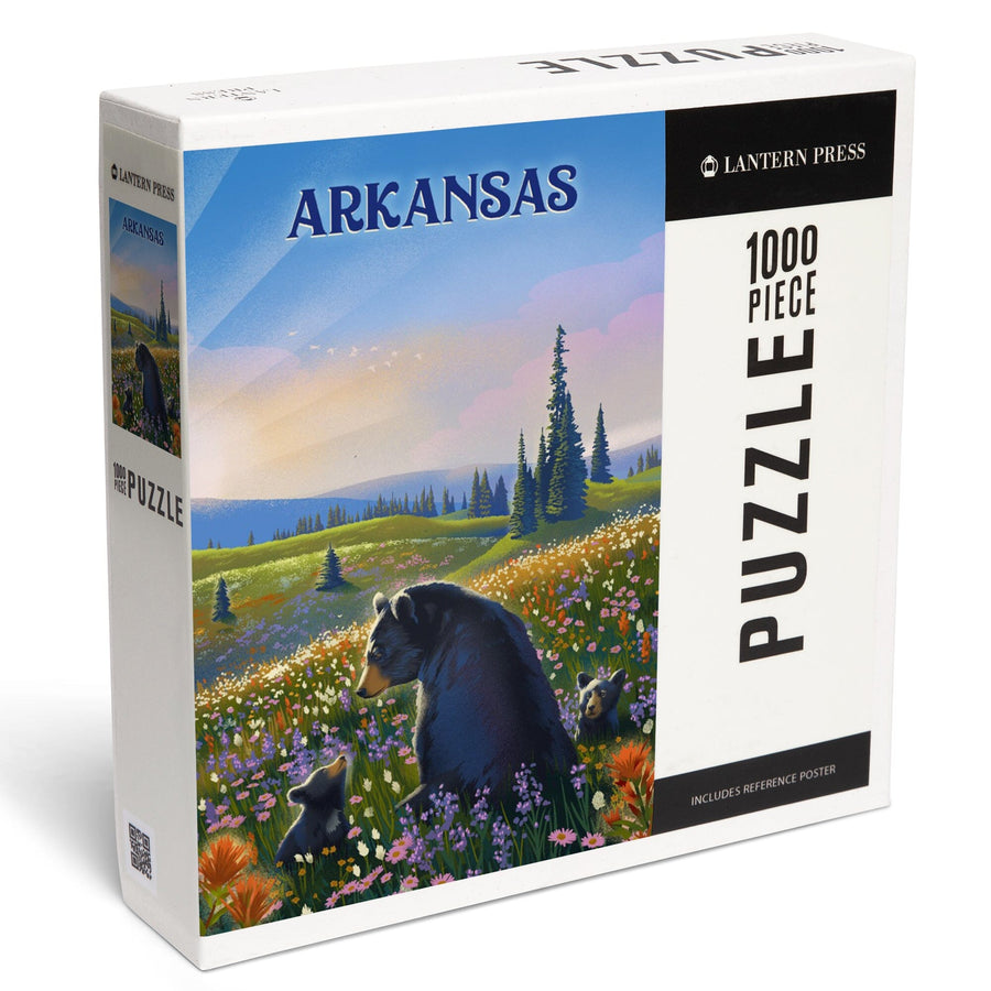 Arkansas, Lithograph, Bear Family in Field, Jigsaw Puzzle Puzzle Lantern Press 