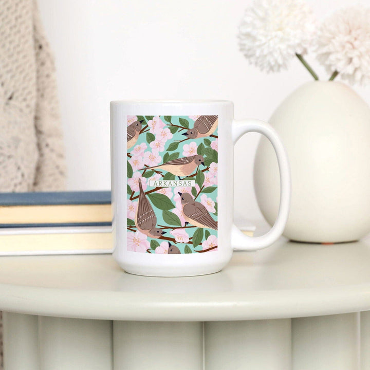 Arkansas, State Bird and Flower Collection, Mockingbird and Apple Blossom, Lantern Press Artwork, Ceramic Mug Mugs Lantern Press 