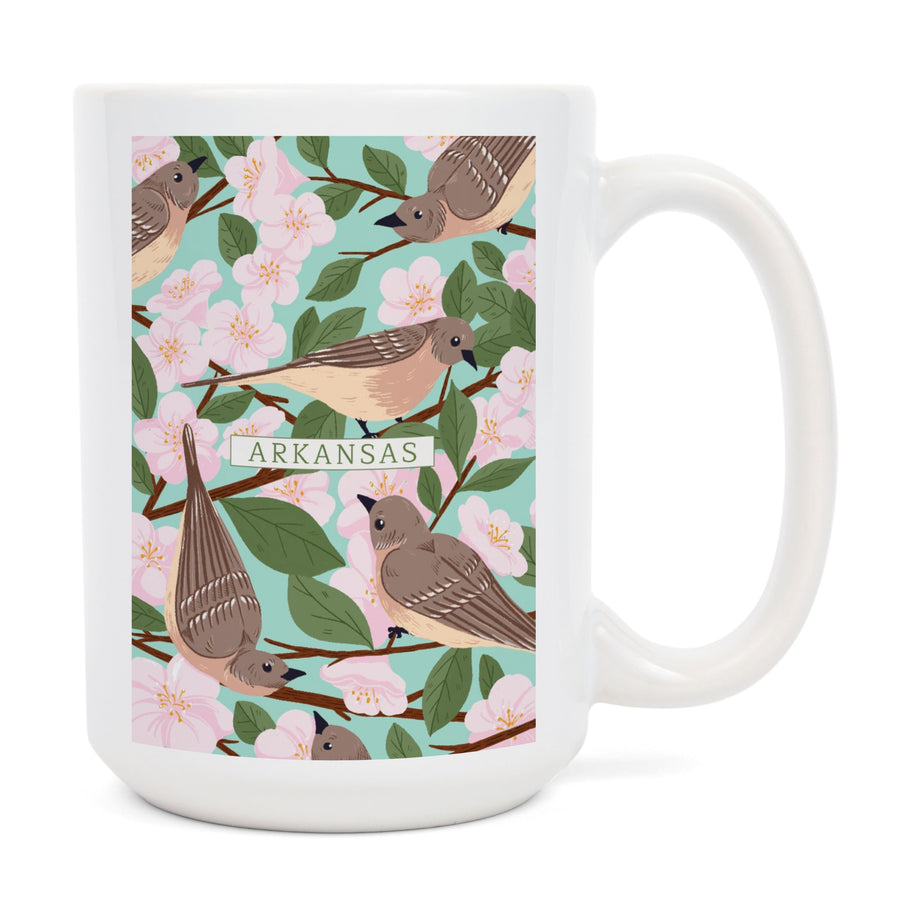 Arkansas, State Bird and Flower Collection, Mockingbird and Apple Blossom, Lantern Press Artwork, Ceramic Mug Mugs Lantern Press 