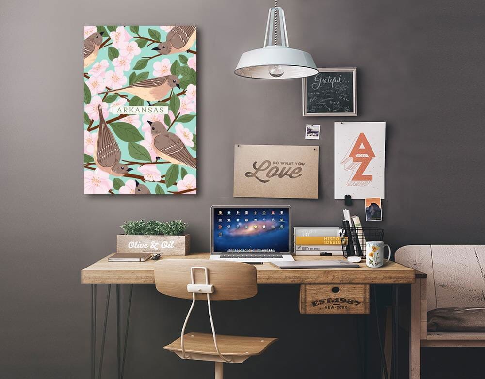 Arkansas, State Bird and Flower Collection, Mockingbird and Apple Blossom, Lantern Press Artwork, Stretched Canvas Canvas Lantern Press 