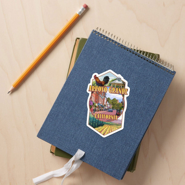 Arroyo Grande, California, Town Montage, Contour, Vinyl Sticker Sticker Lantern Press 