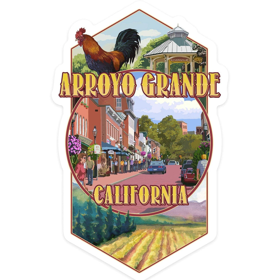 Arroyo Grande, California, Town Montage, Contour, Vinyl Sticker Sticker Lantern Press 