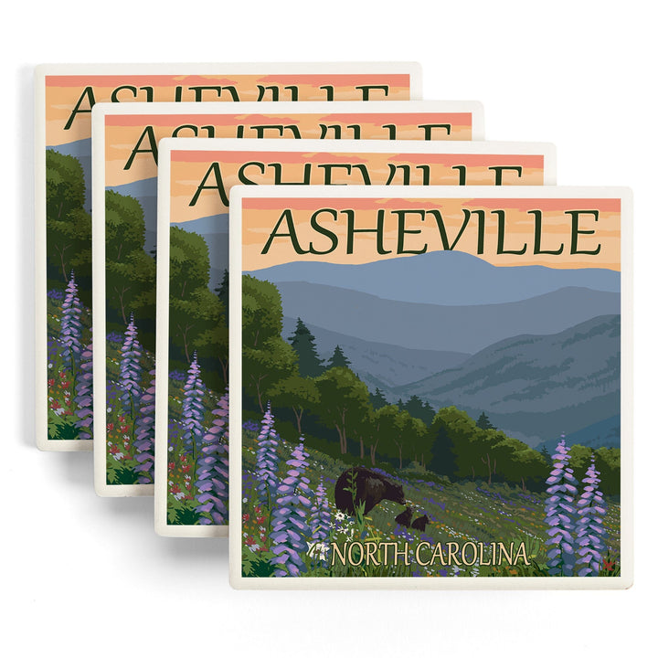 Asheville, North Carolina, Bear and Cubs with Flowers, Coasters Coasters Lantern Press 