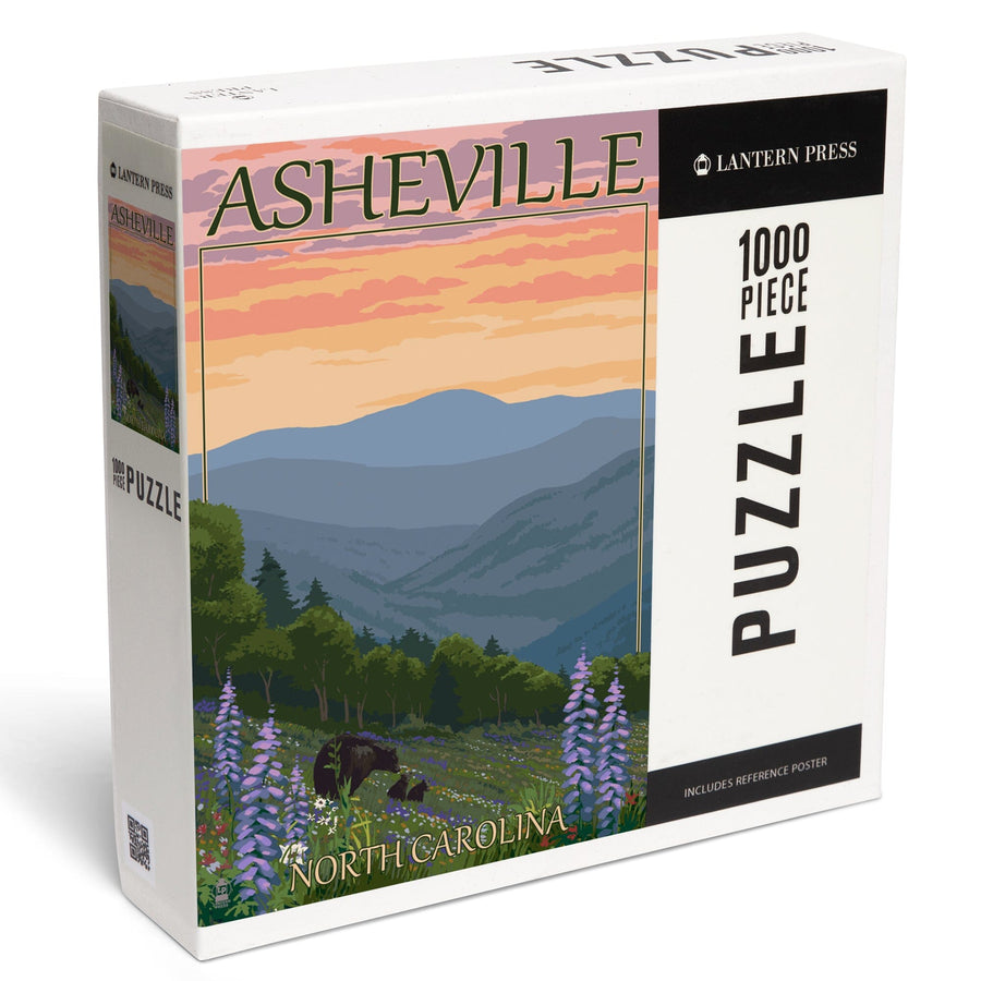 Asheville, North Carolina, Bear and Cubs with Flowers, Jigsaw Puzzle Puzzle Lantern Press 
