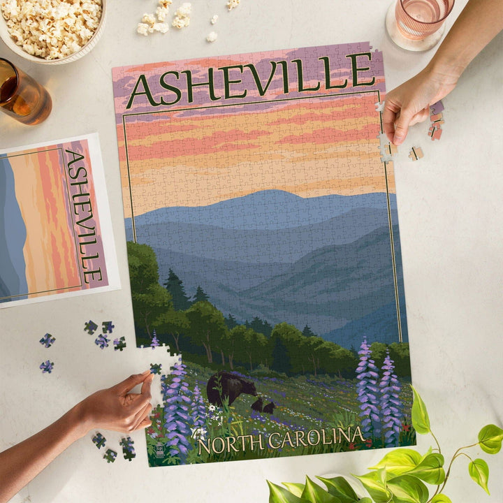 Asheville, North Carolina, Bear and Cubs with Flowers, Jigsaw Puzzle Puzzle Lantern Press 