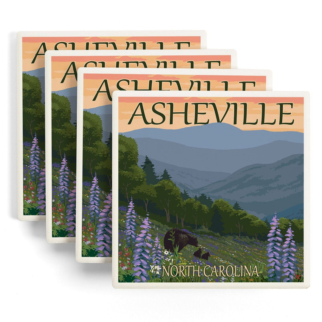 Asheville, North Carolina, Bear and Cubs with Flowers, Lantern Press Artwork, Coaster Set Coasters Lantern Press 