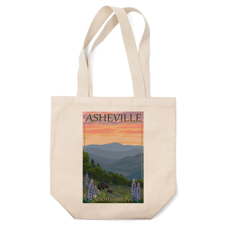 Asheville, North Carolina, Bear and Cubs with Flowers, Lantern Press Artwork, Tote Bag Totes Lantern Press 