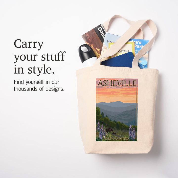 Asheville, North Carolina, Bear and Cubs with Flowers, Tote Bag Totes Lantern Press 