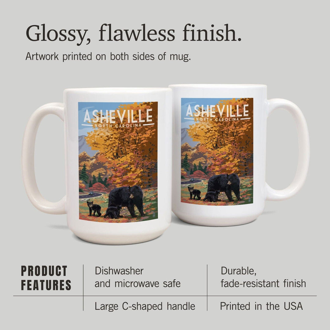 Asheville, North Carolina, Bear Family, Lantern Press Artwork, Ceramic Mug Mugs Lantern Press 