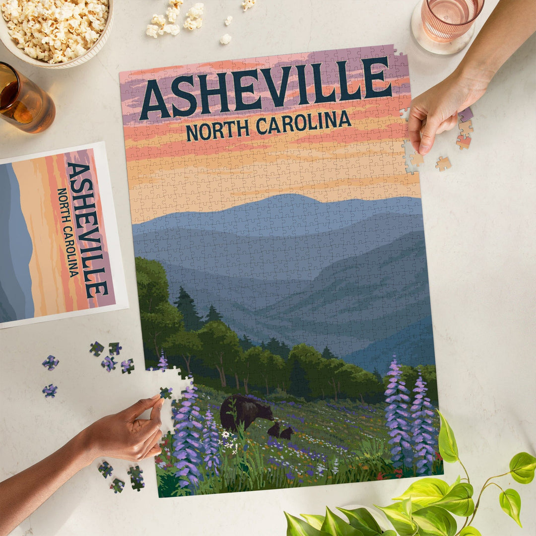 Asheville, North Carolina, Bears and Spring Flowers, Jigsaw Puzzle Puzzle Lantern Press 