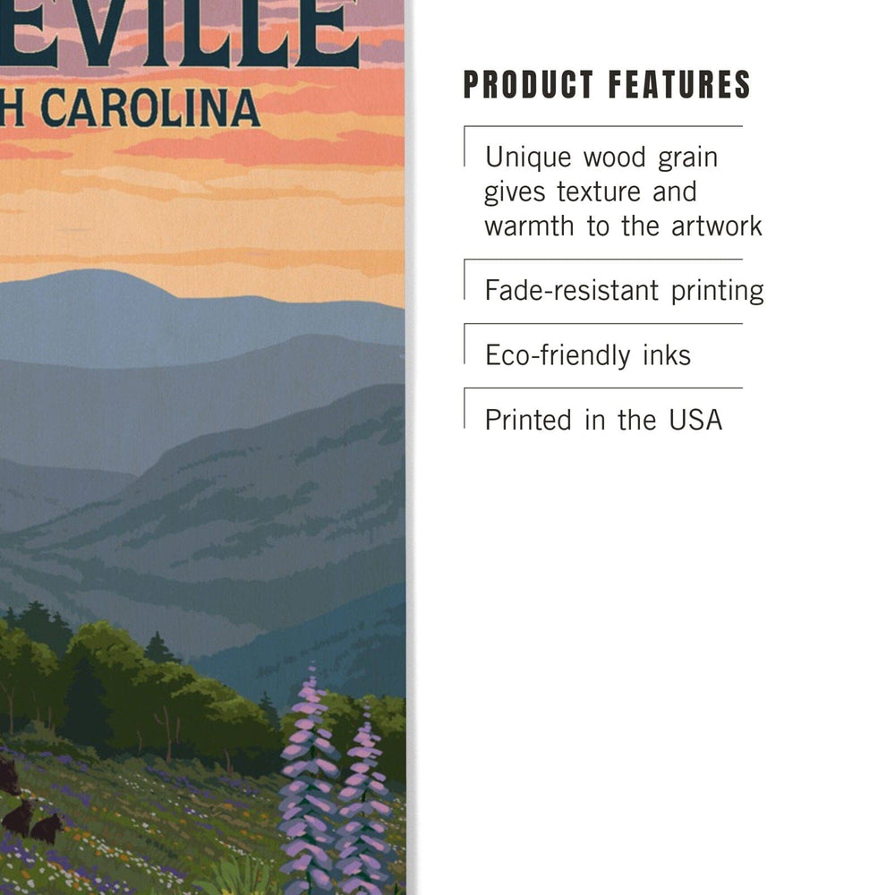 Asheville, North Carolina, Bears and Spring Flowers, Lantern Press Artwork, Wood Signs and Postcards Wood Lantern Press 