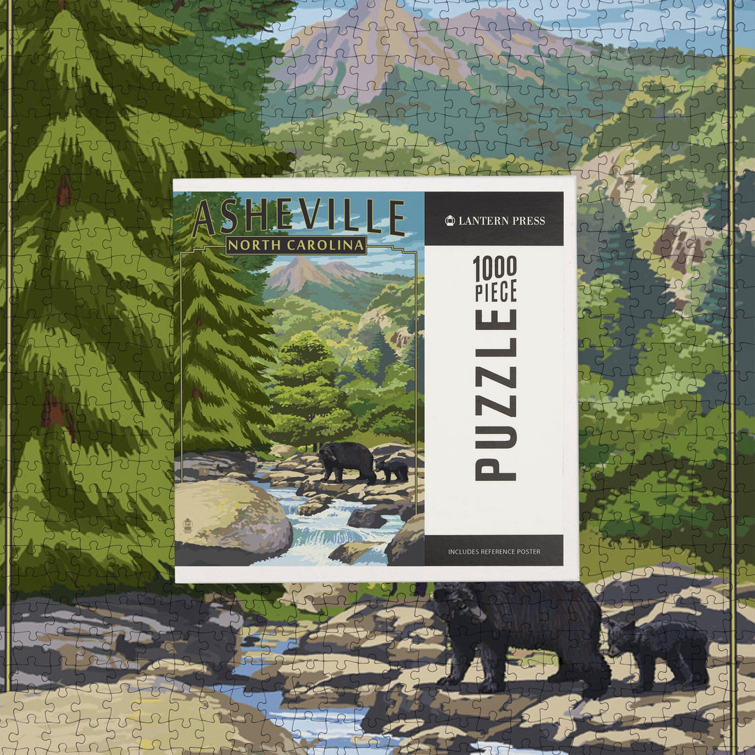 Asheville, North Carolina, Black Bears and Stream, Jigsaw Puzzle Puzzle Lantern Press 