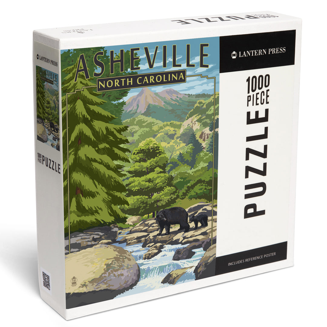 Asheville, North Carolina, Black Bears and Stream, Jigsaw Puzzle Puzzle Lantern Press 
