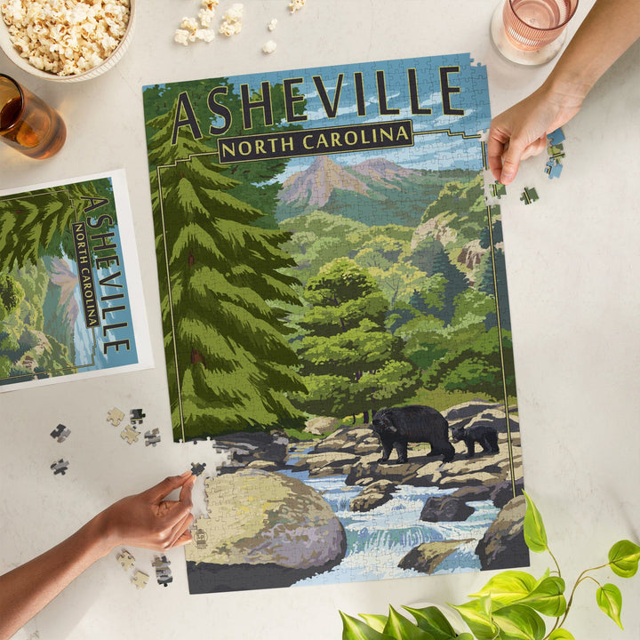 Asheville, North Carolina, Black Bears and Stream, Jigsaw Puzzle Puzzle Lantern Press 