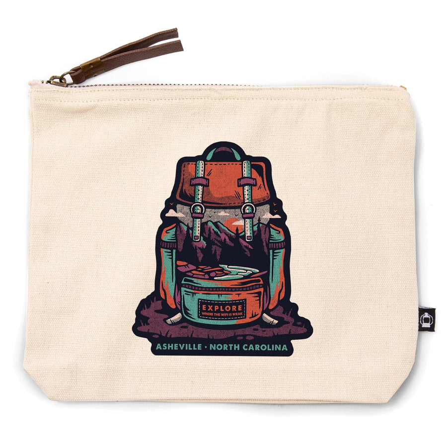 Asheville, North Carolina, Explore Where the WiFi is Weak, Distressed, Backpack, Organic Cotton Zipper Pouch, Go Bag Go Bag Lantern Press 