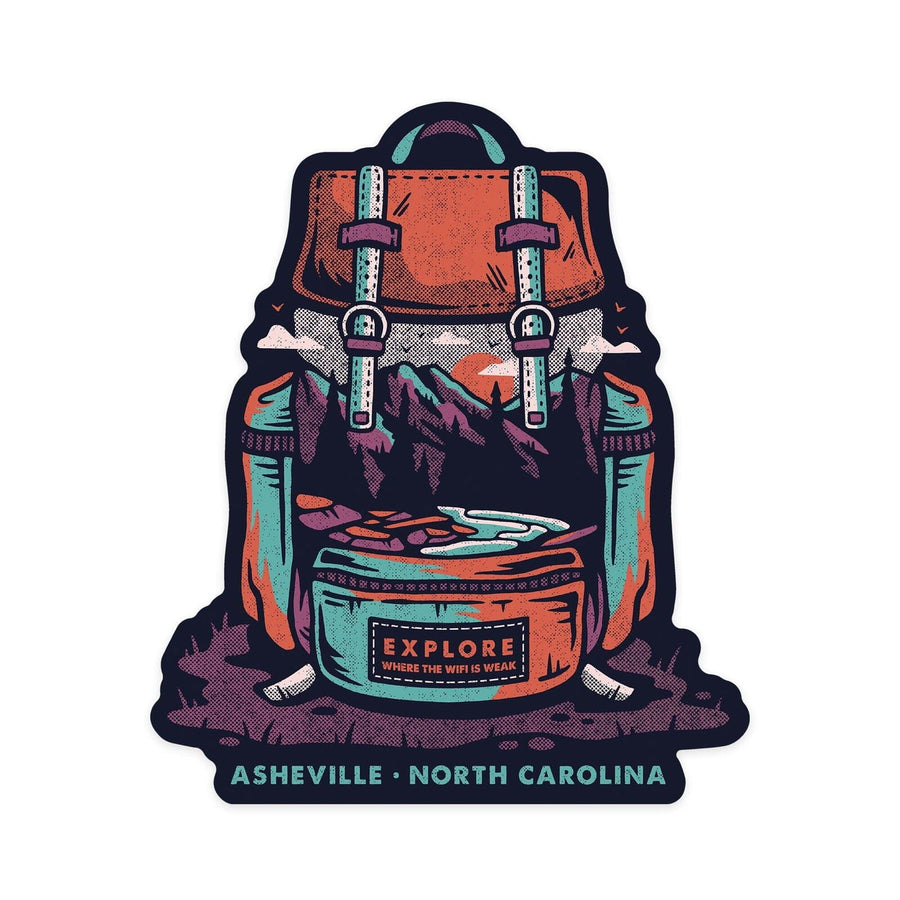 Asheville, North Carolina, Explore Where the WiFi is Weak, Distressed, Backpack, Vinyl Sticker Sticker Lantern Press 