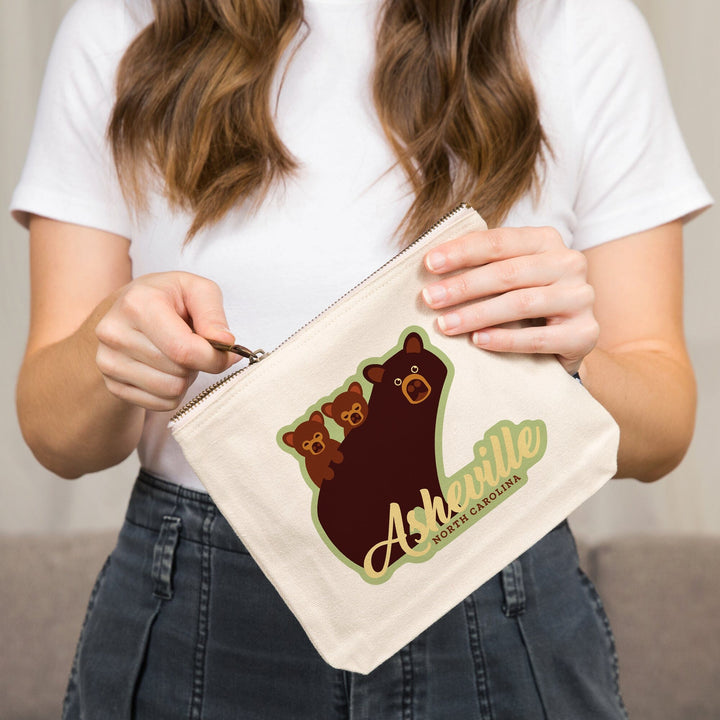 Asheville, North Carolina, Geometric Bear,, Organic Cotton Zipper Pouch, Go Bag Go Bag Lantern Press 