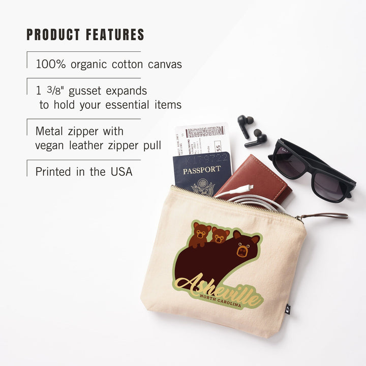 Asheville, North Carolina, Geometric Bear,, Organic Cotton Zipper Pouch, Go Bag Go Bag Lantern Press 